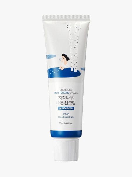 Round Lab Birch Juice Moisturizing UVLock Spectrum 45 Sunscreen in branded tube component on a light gray background